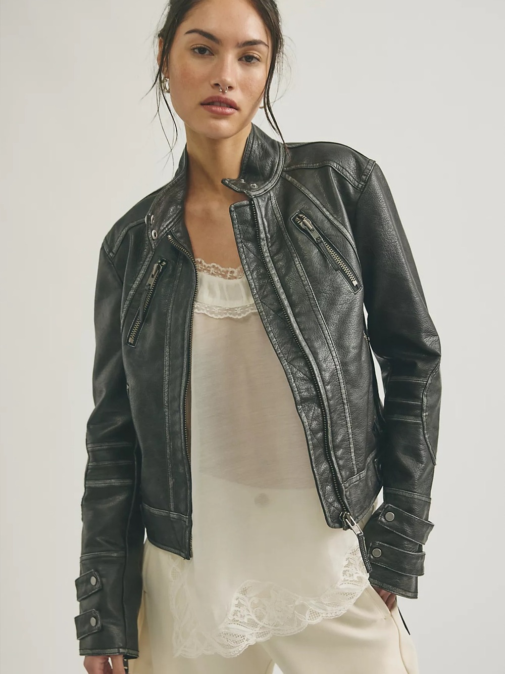 We the Free Jesse Vegan Leather Moto Jacket Black Women's size Large